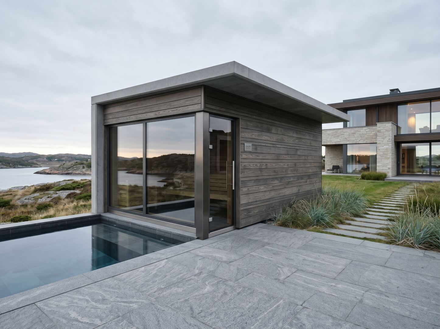 About OxiusPro — permanent outdoor sauna and spa installation at a modern villa