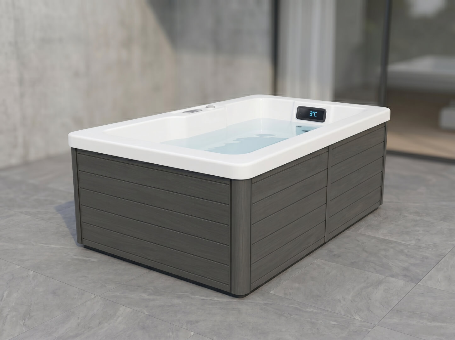 The Basin cold plunge tub from a 45-degree angle showing white interior and charcoal exterior — OxiusPro