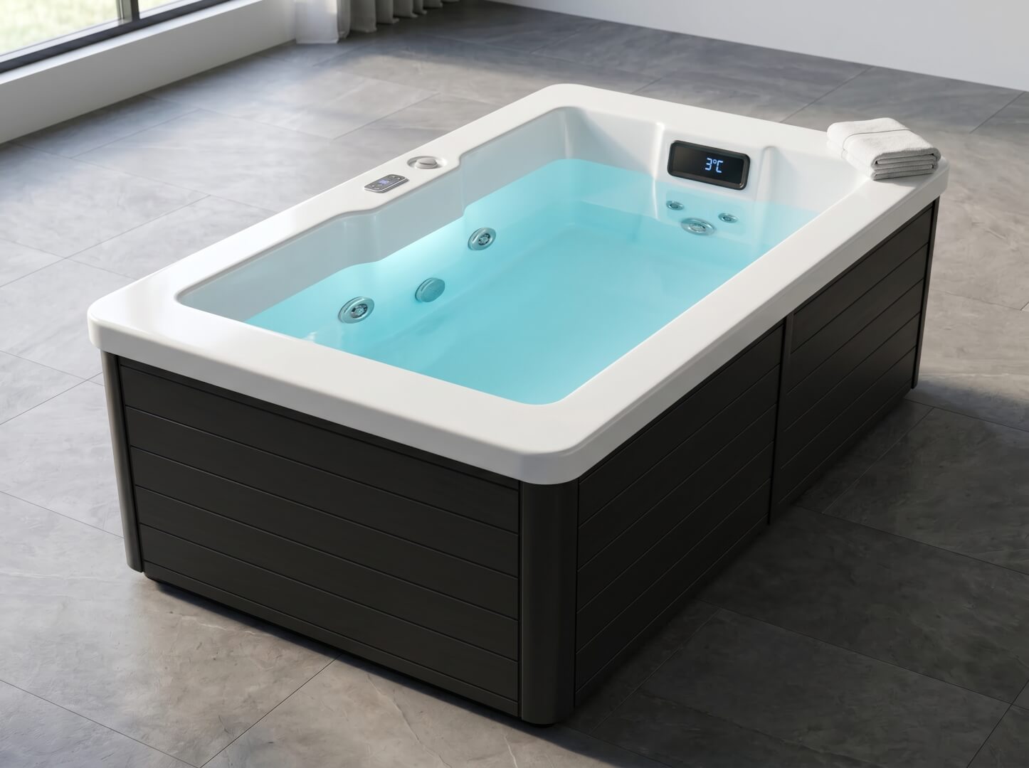 Interior of The Basin cold plunge tub showing stainless steel jets and integrated LED lighting — OxiusPro