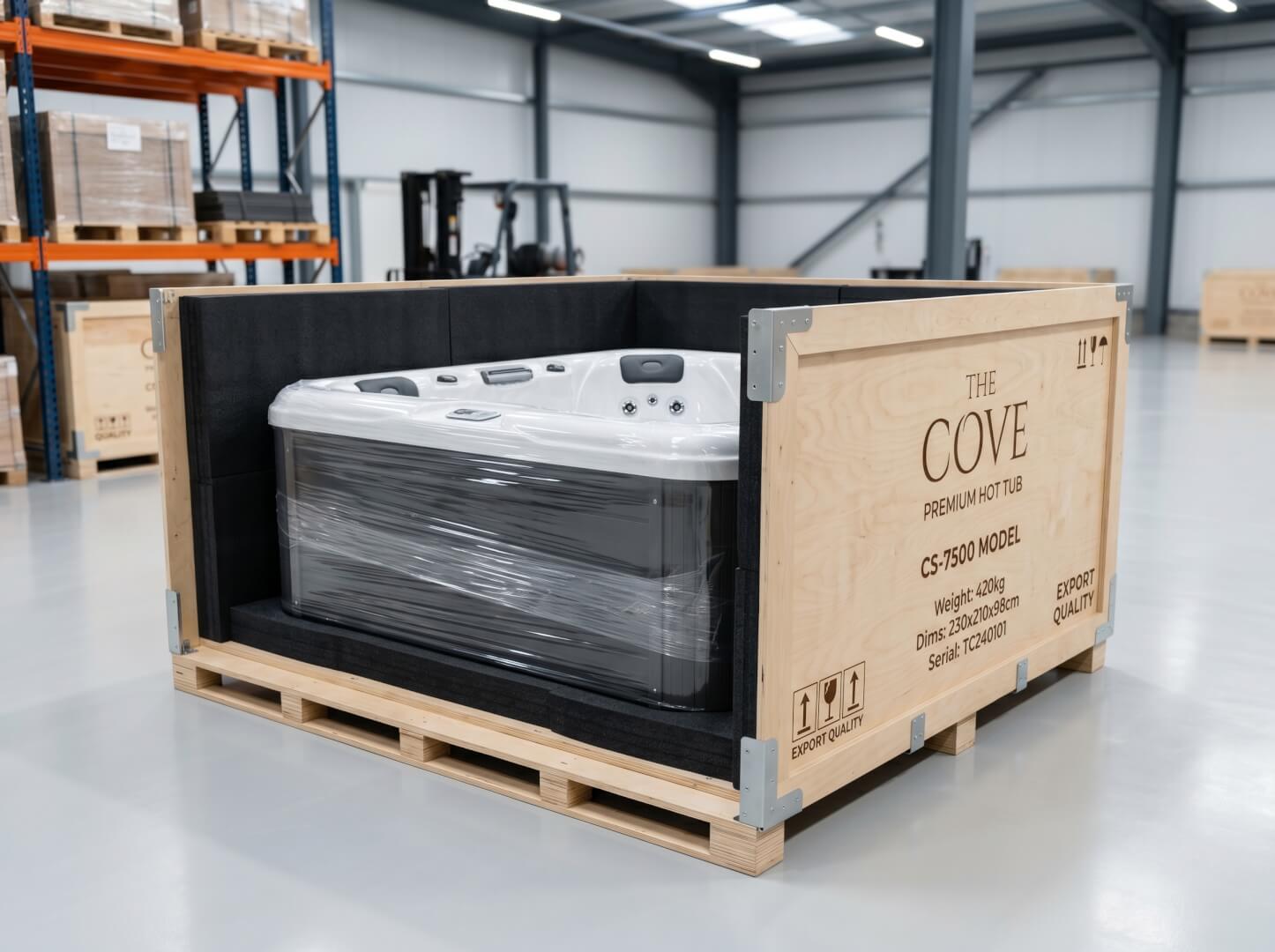 The Cove outdoor spa secured in export packaging for international delivery — OxiusPro