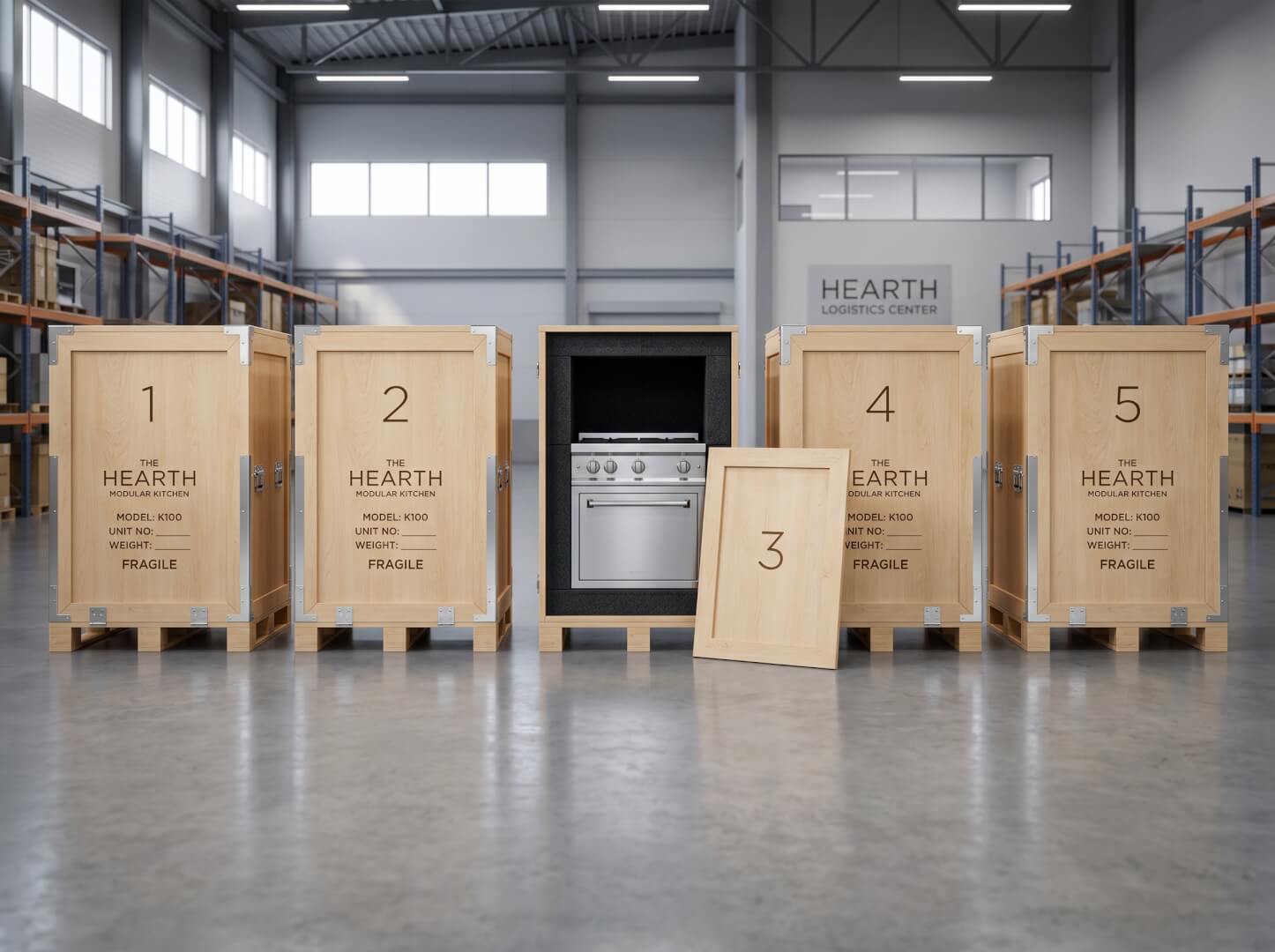 The Hearth modular outdoor kitchen secured in industrial export crates for international delivery — OxiusPro