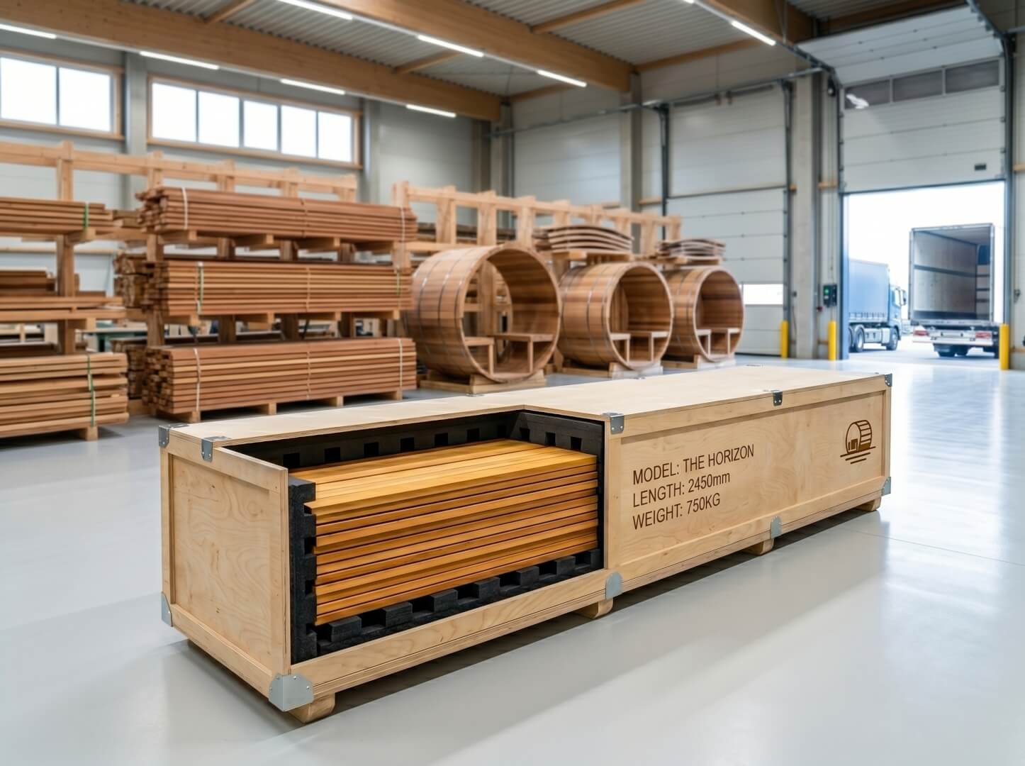 The Horizon barrel sauna secured in an industrial export crate — OxiusPro
