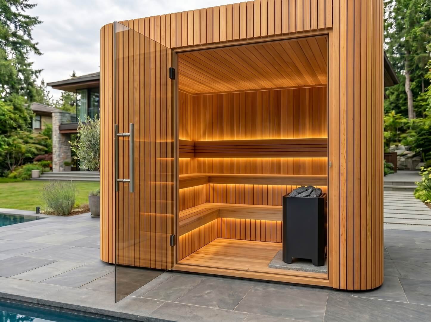 Interior of The Summit cabin sauna showing cedar benches and heater — OxiusPro