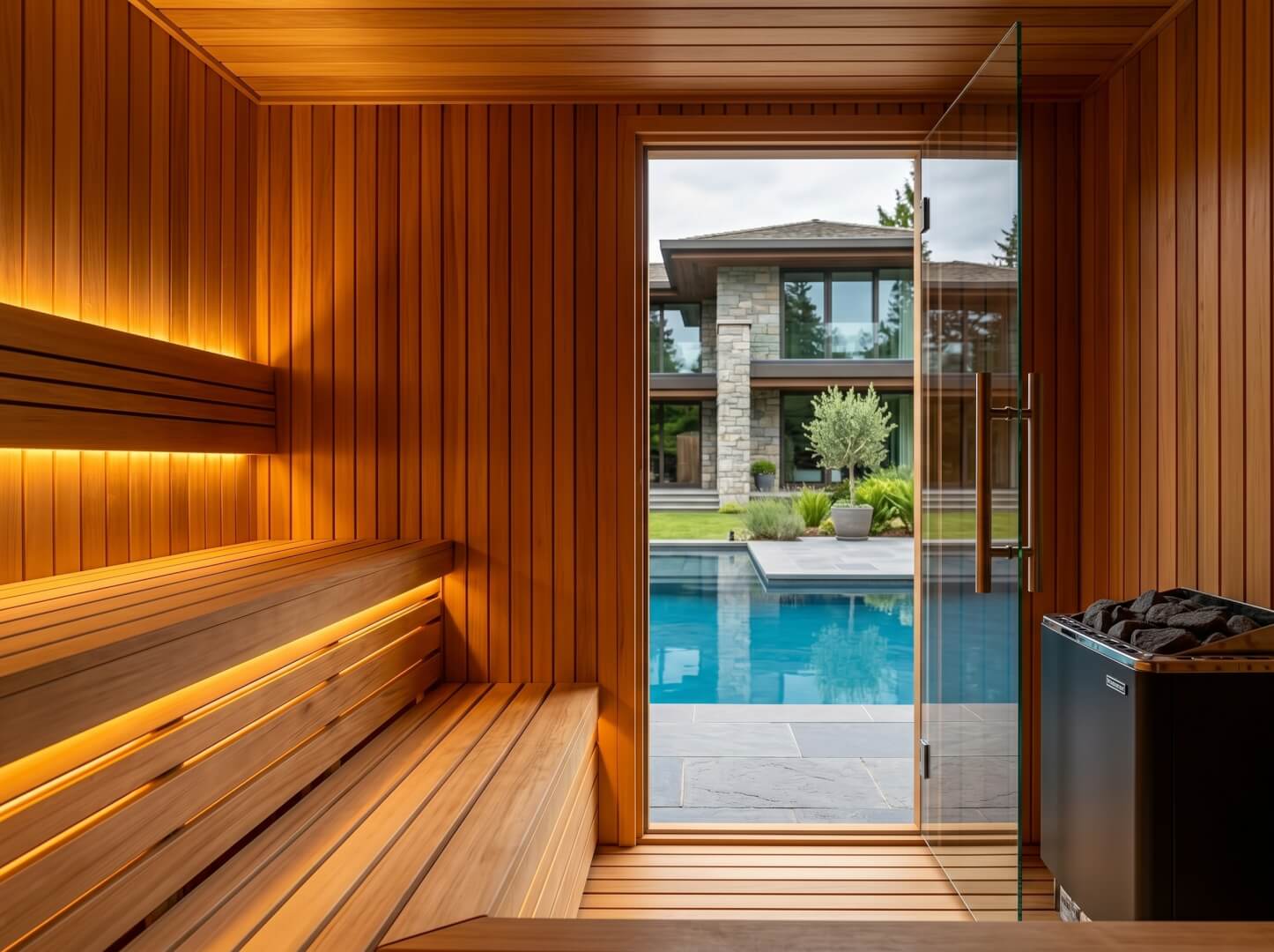 Canadian Red Cedar wall and tempered glass door detail — OxiusPro The Summit