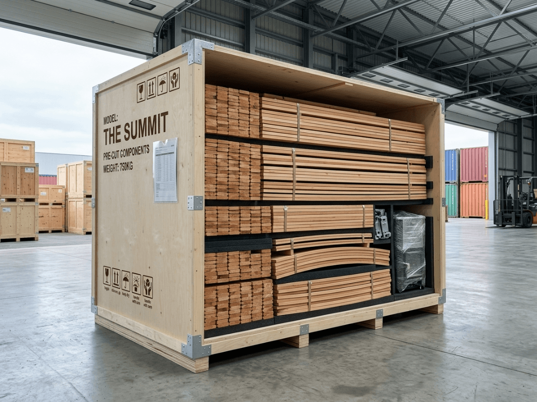 The Summit cabin sauna components secured in an industrial export crate — OxiusPro