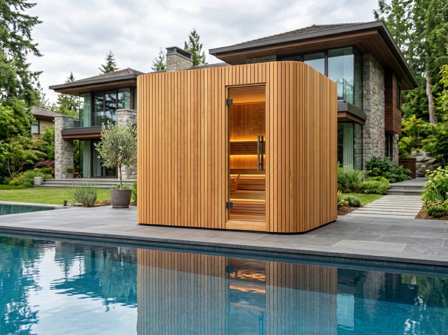 The Summit outdoor cabin sauna in Canadian Red Cedar installed on a modern terrace — OxiusPro