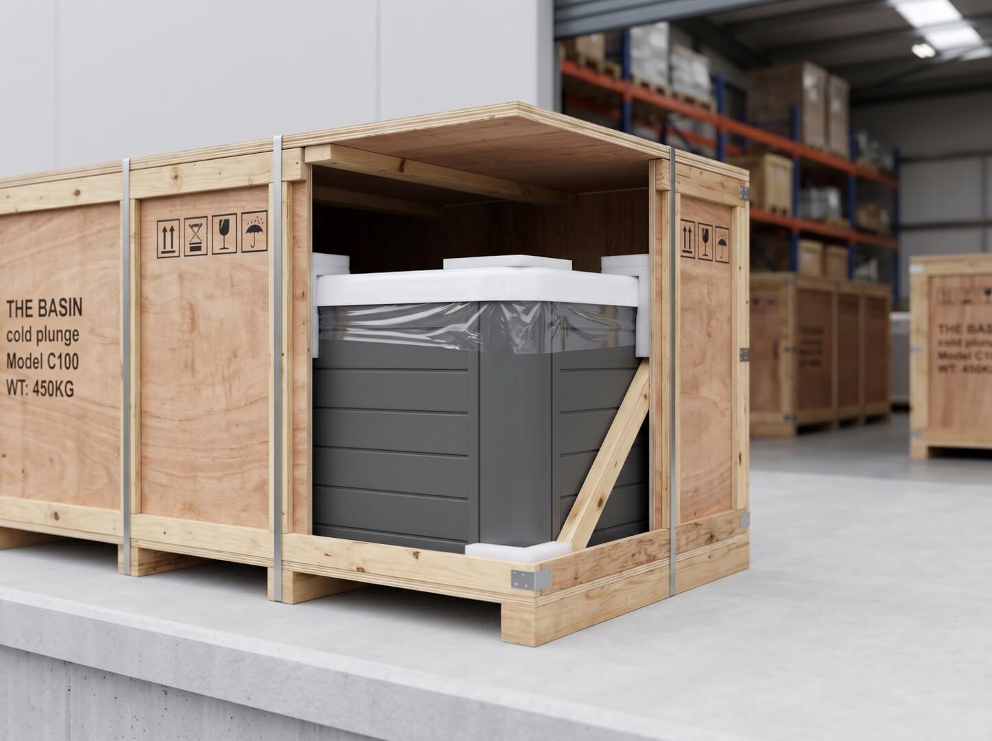 Reinforced industrial export crate for The Basin cold plunge tub — OxiusPro