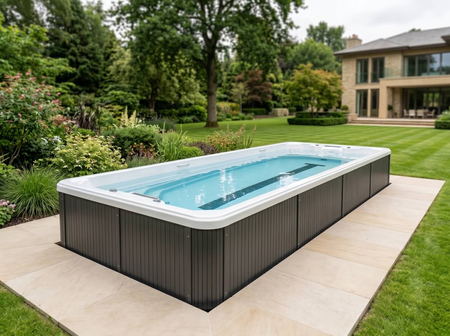 Full length view of The Tide swim spa showing rectangular configuration from 4m to 5.95m — OxiusPro